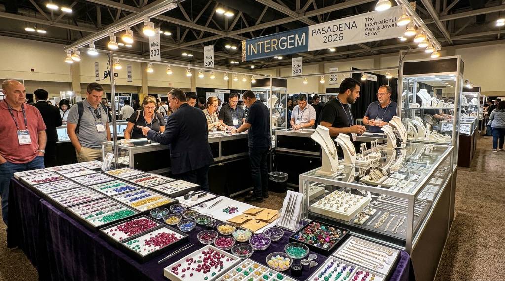 Colorful display of loose gemstones and fine jewelry at the InterGem Pasadena 2026 show inside the Pasadena Convention Center