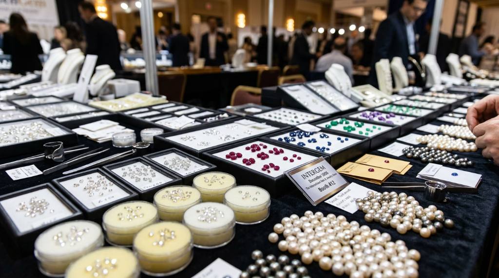 Close-up of diamonds, pearls, and colored gemstones laid out on a vendor display table at the InterGem December 2026 event