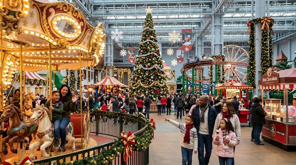 Families enjoying rides at an indoor theme park during the holiday season