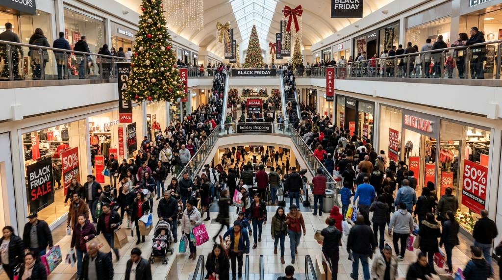 Crowds of shoppers walking through a decorated mall on Black Friday