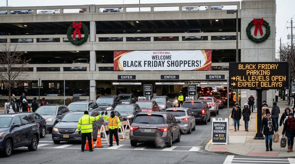 Parking ramp entrance with signs for shoppers arriving on Black Friday