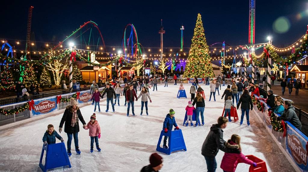 Families skating on the outdoor ice rink at Carowinds WinterFest on a winter evening