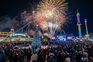 Carowinds WinterFest 2026 New Year's Eve fireworks display over the park at midnight