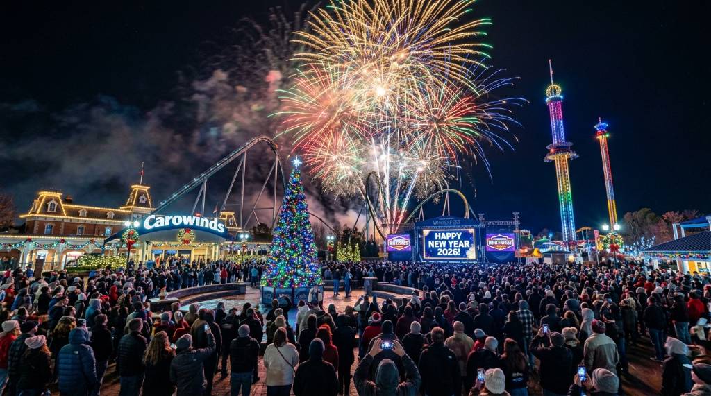 Carowinds WinterFest 2026 New Year's Eve fireworks display over the park at midnight