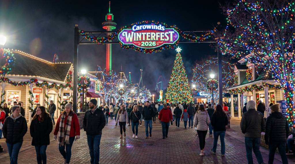 Holiday lights illuminating the main boulevard at Carowinds WinterFest 2026