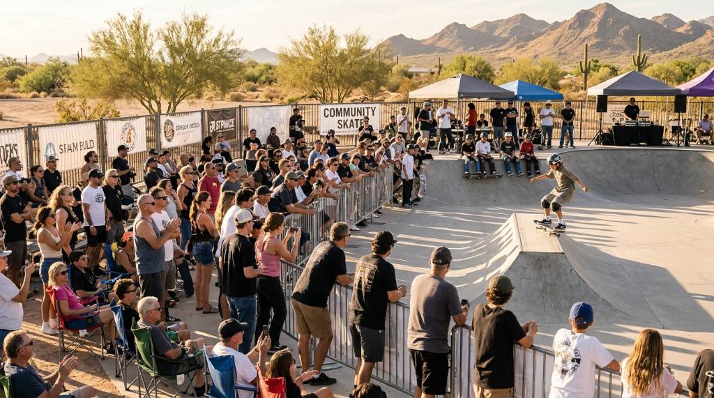 Crowd of spectators watching young skaters at a community skateboarding event in Arizona
