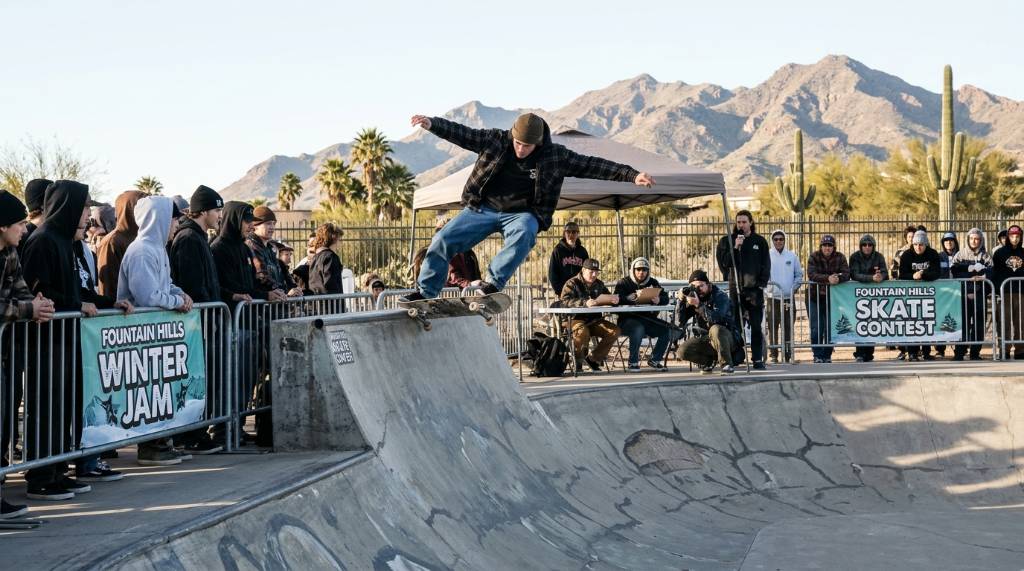 Skater performing a trick on a concrete bank at a Fountain Hills skate park during a winter contest
