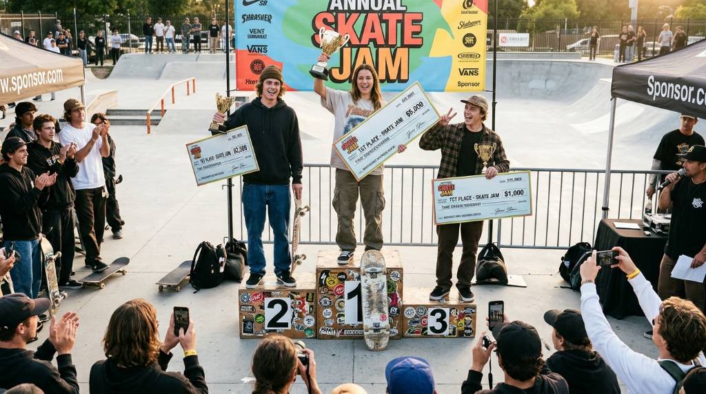 Winners holding cash prizes and trophies at a skateboard contest awards ceremony
